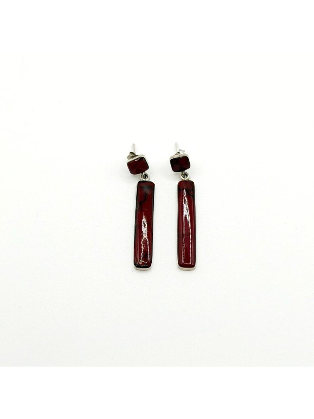 925 Sterling Silver Red Rectangle Drop Earrings Made In Mexico